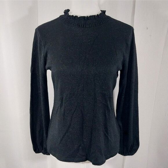 TALBOTS PETITE! BLACK W/SUBTLE BLACK SHIMMER METALLIC VELVET NECK SWEATER! SZ SP - Picture 2 of 9